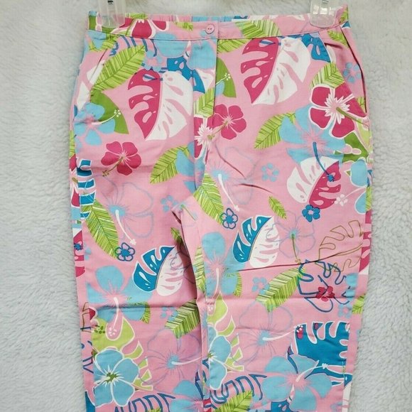 Onque Casuals Pink Blue White Green Floral Capri Pants Size M - Picture 1 of 6